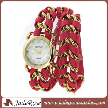 Reloj de dama de cuero rojo trenzado con cadena